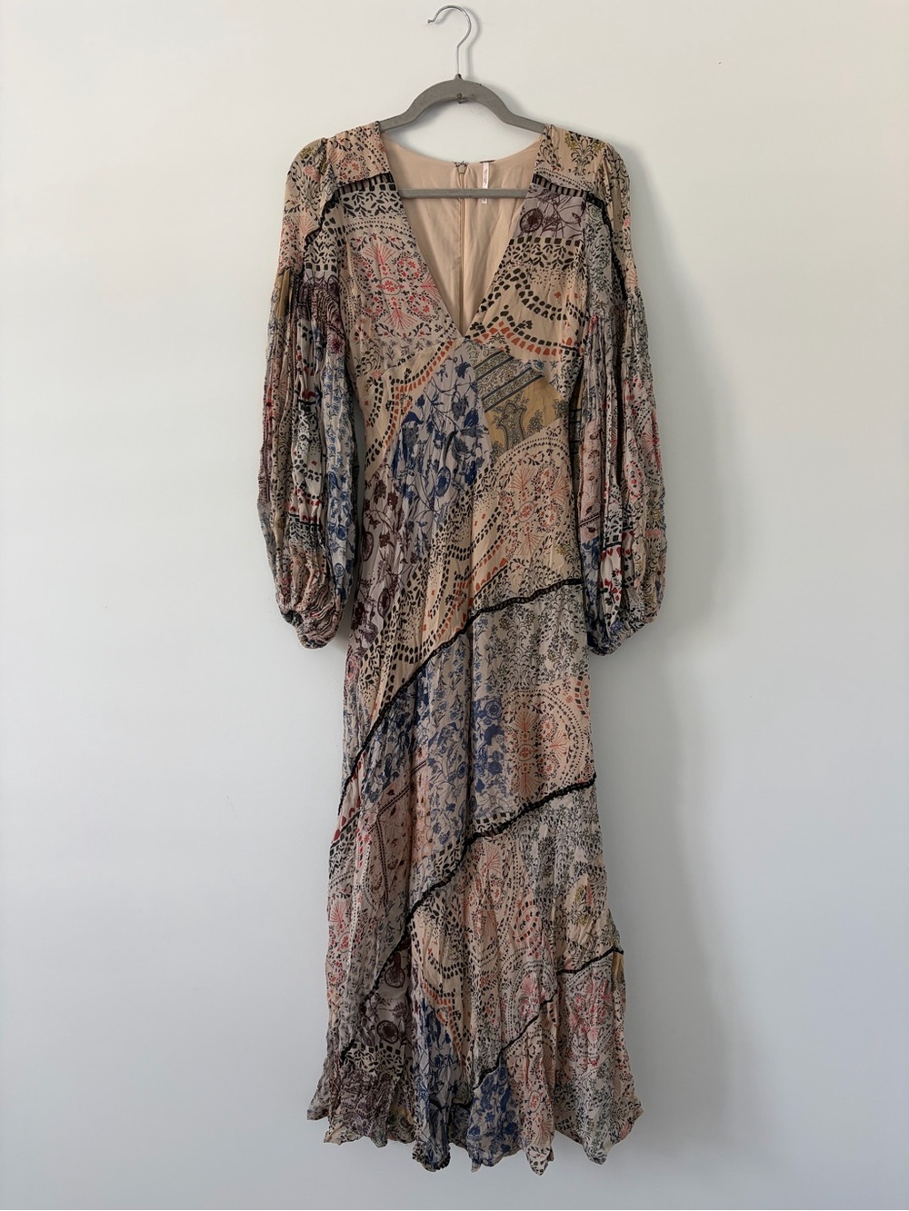 Free People Moroccan Dress V Neck Flowy Long Sleeve Boho Maxi Dress Tan Brown 0